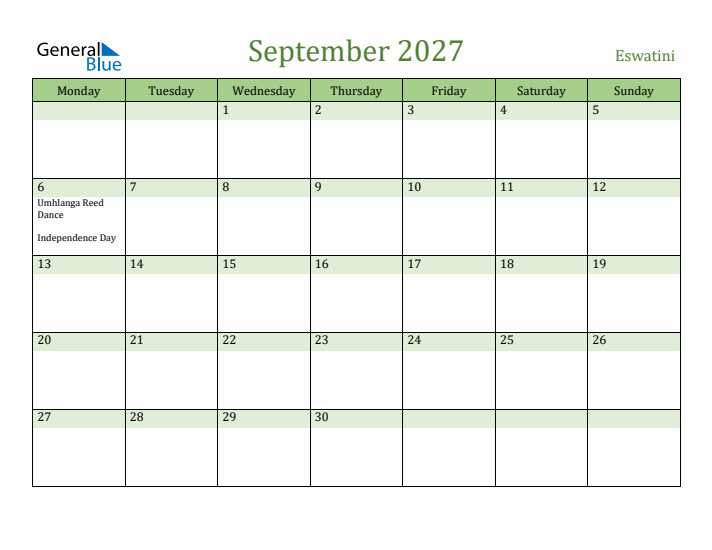 September 2027 Calendar with Eswatini Holidays
