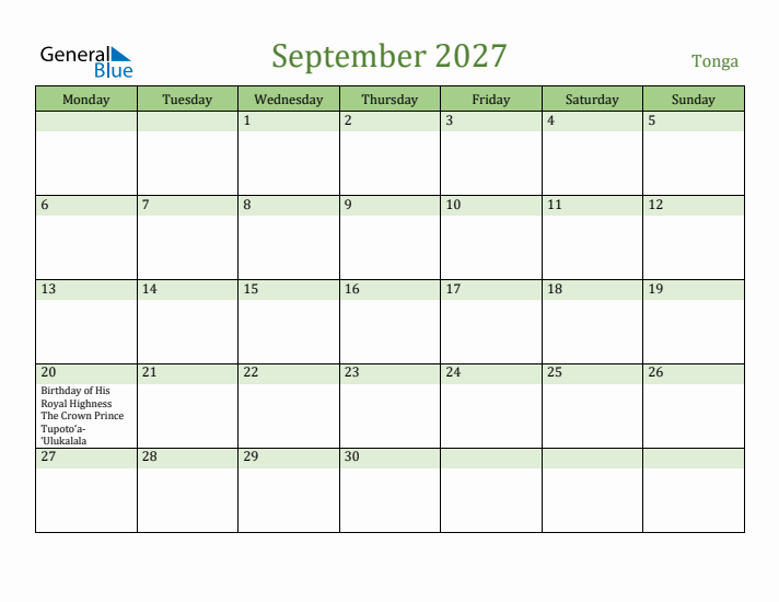 September 2027 Calendar with Tonga Holidays