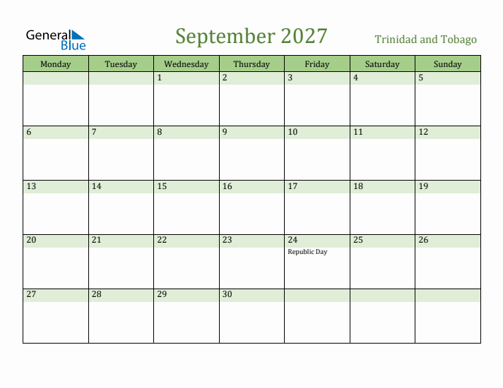 September 2027 Calendar with Trinidad and Tobago Holidays