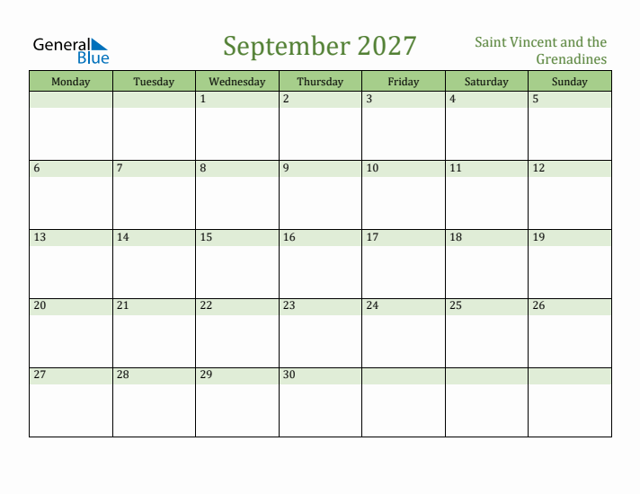September 2027 Calendar with Saint Vincent and the Grenadines Holidays