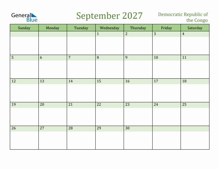 September 2027 Calendar with Democratic Republic of the Congo Holidays