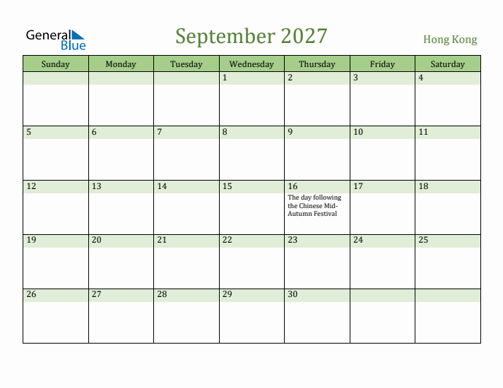 September 2027 Calendar with Hong Kong Holidays