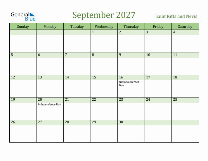September 2027 Calendar with Saint Kitts and Nevis Holidays
