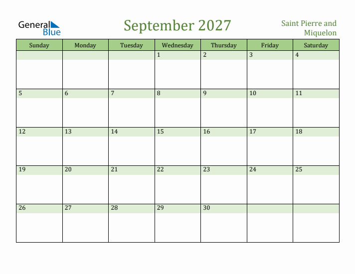 September 2027 Calendar with Saint Pierre and Miquelon Holidays
