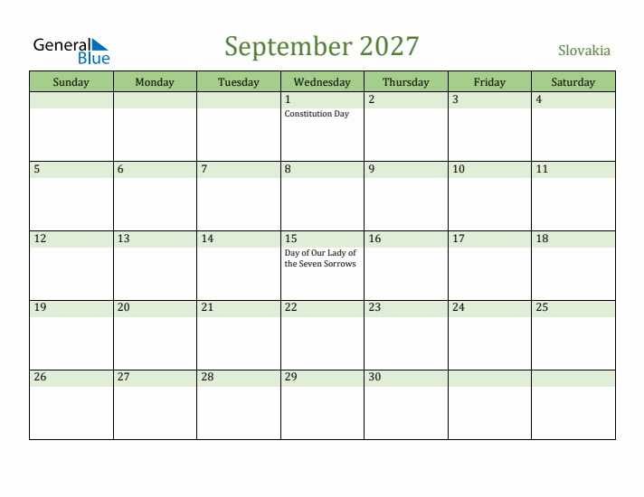 September 2027 Calendar with Slovakia Holidays
