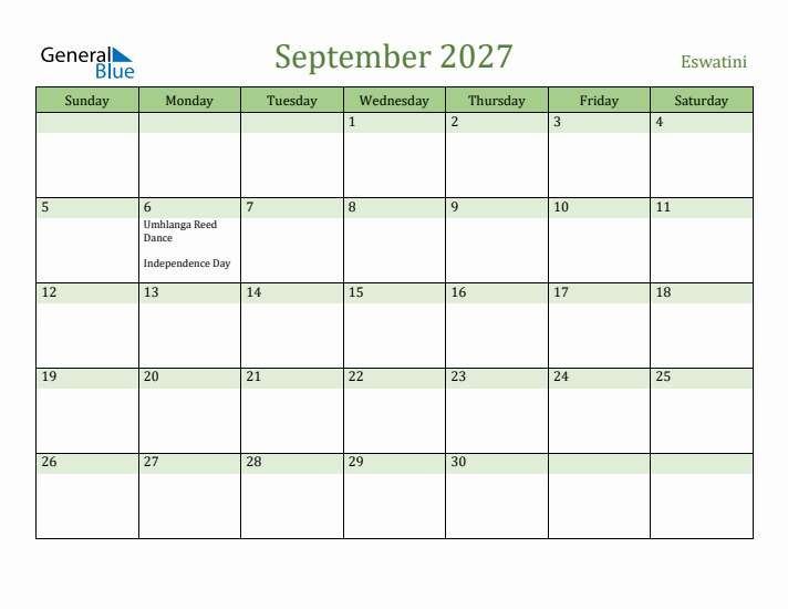 September 2027 Calendar with Eswatini Holidays