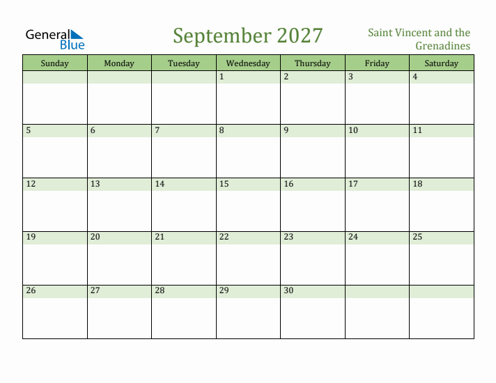September 2027 Calendar with Saint Vincent and the Grenadines Holidays