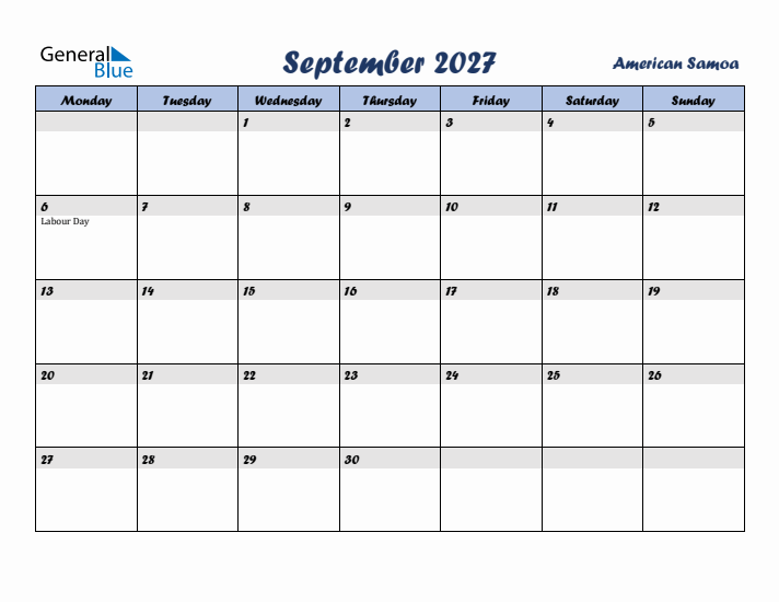 September 2027 Calendar with Holidays in American Samoa