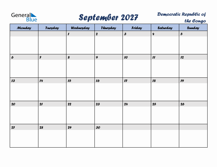 September 2027 Calendar with Holidays in Democratic Republic of the Congo