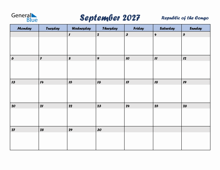 September 2027 Calendar with Holidays in Republic of the Congo
