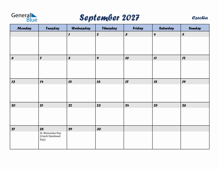 September 2027 Calendar with Holidays in Czechia