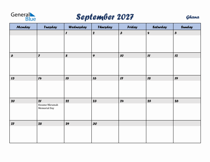 September 2027 Calendar with Holidays in Ghana