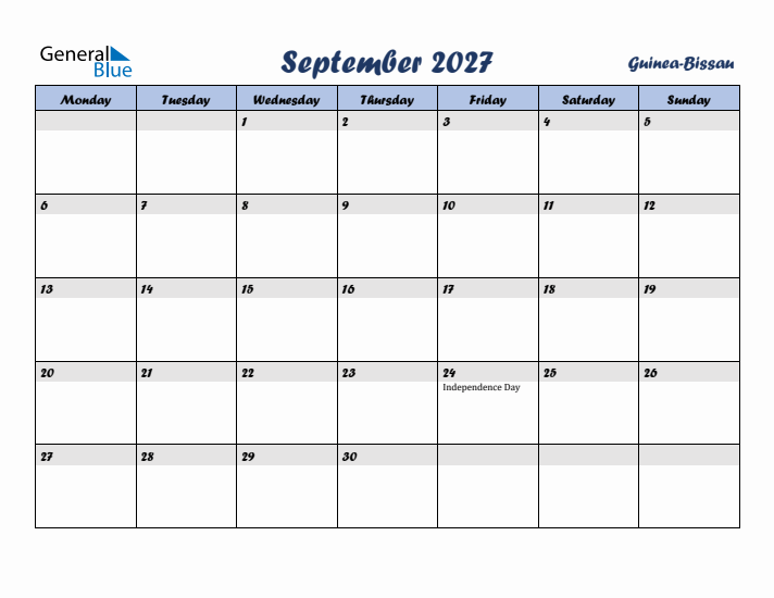September 2027 Calendar with Holidays in Guinea-Bissau
