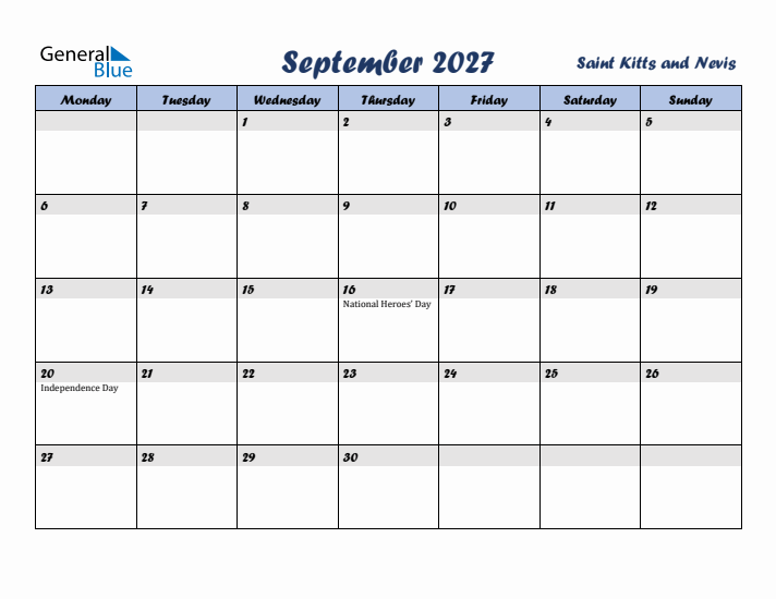 September 2027 Calendar with Holidays in Saint Kitts and Nevis