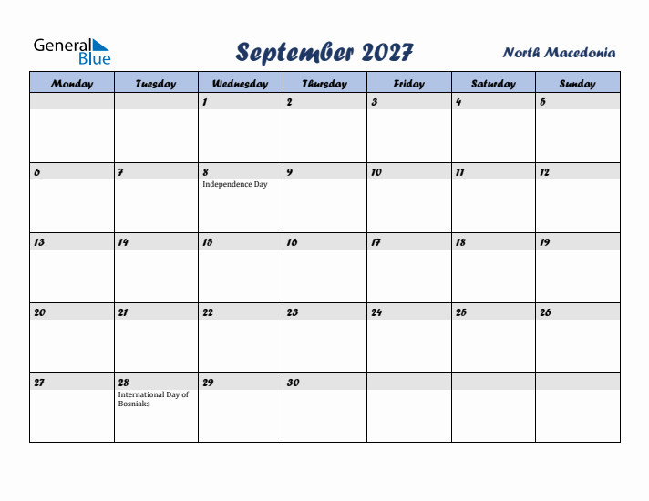 September 2027 Calendar with Holidays in North Macedonia