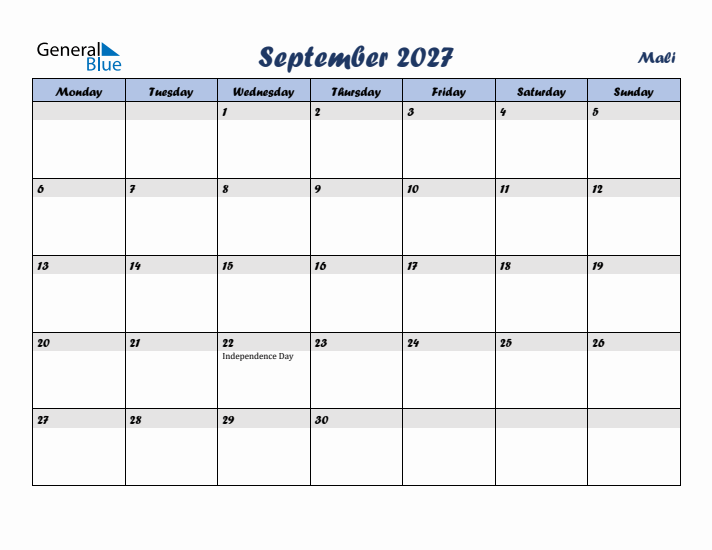 September 2027 Calendar with Holidays in Mali