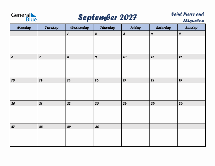 September 2027 Calendar with Holidays in Saint Pierre and Miquelon