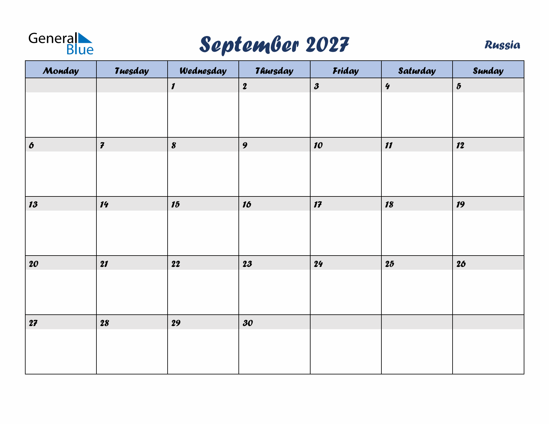 September 2027 Calendar with Holidays in Russia