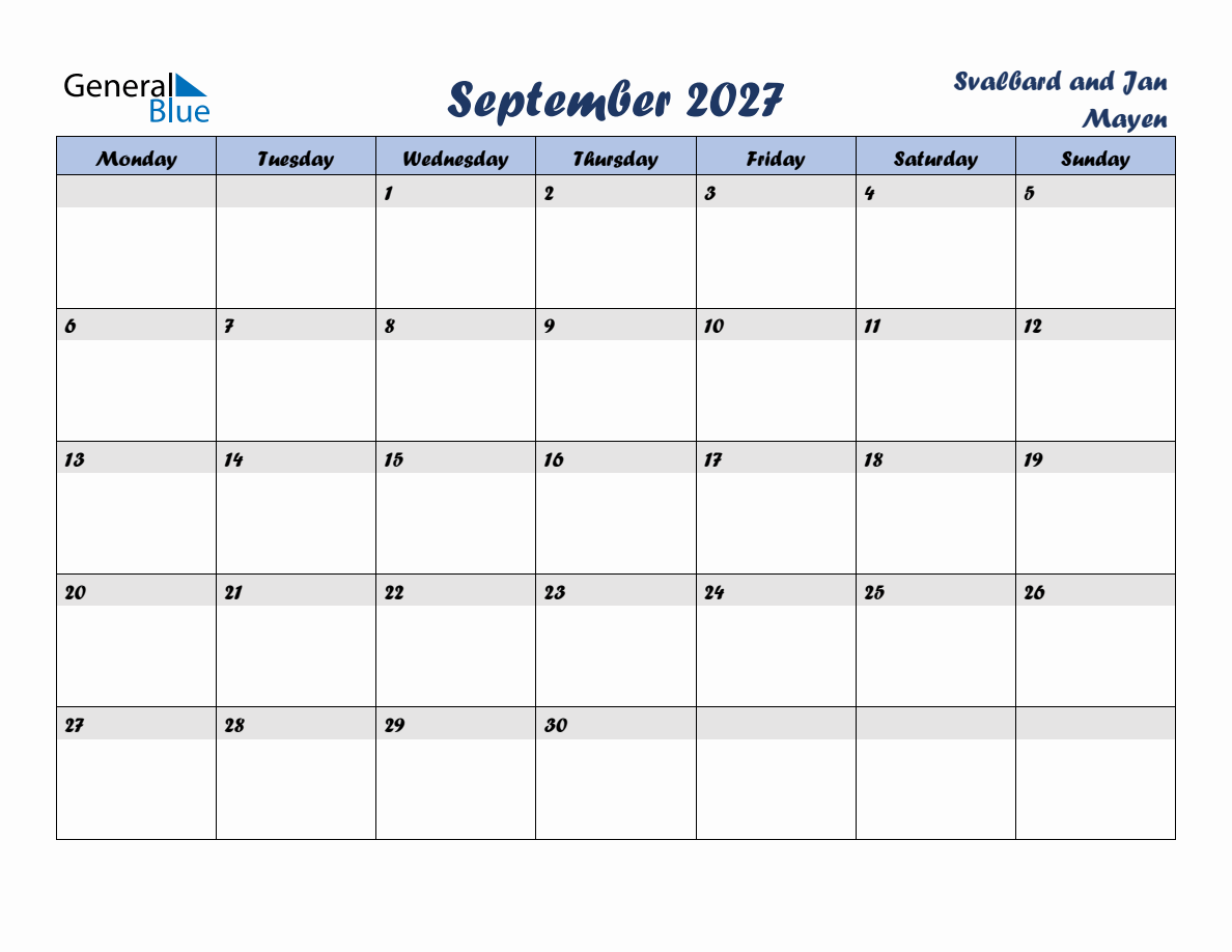September 2027 Monthly Calendar Template with Holidays for Svalbard and ...