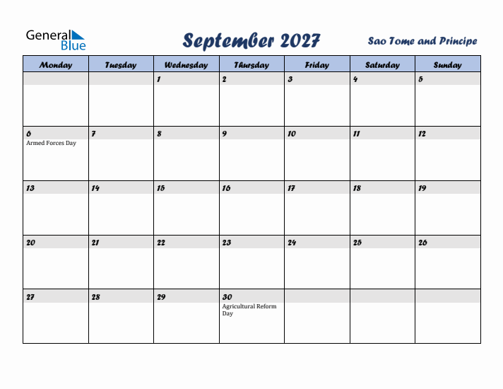 September 2027 Calendar with Holidays in Sao Tome and Principe