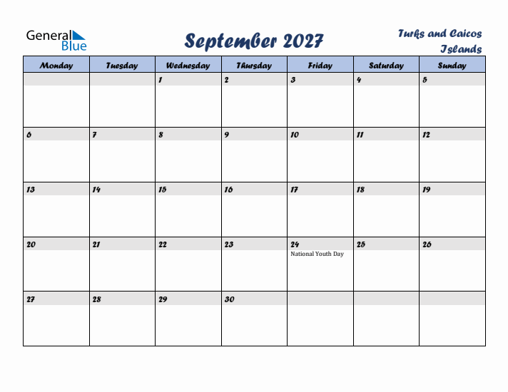 September 2027 Calendar with Holidays in Turks and Caicos Islands