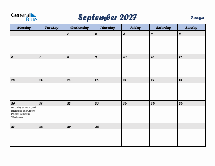 September 2027 Calendar with Holidays in Tonga