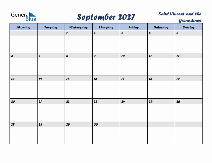 September 2027 Calendar with Holidays in Saint Vincent and the Grenadines
