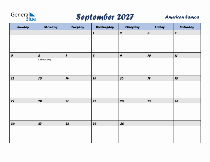 September 2027 Calendar with Holidays in American Samoa