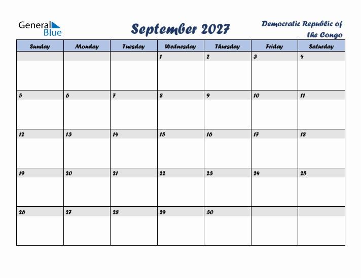 September 2027 Calendar with Holidays in Democratic Republic of the Congo