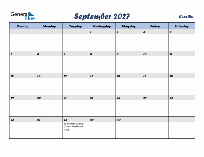 September 2027 Calendar with Holidays in Czechia