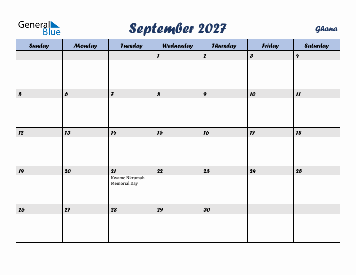 September 2027 Calendar with Holidays in Ghana