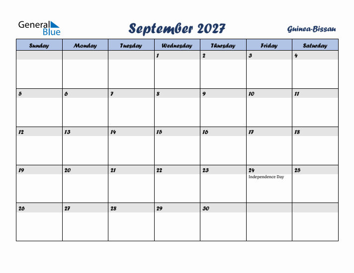 September 2027 Calendar with Holidays in Guinea-Bissau