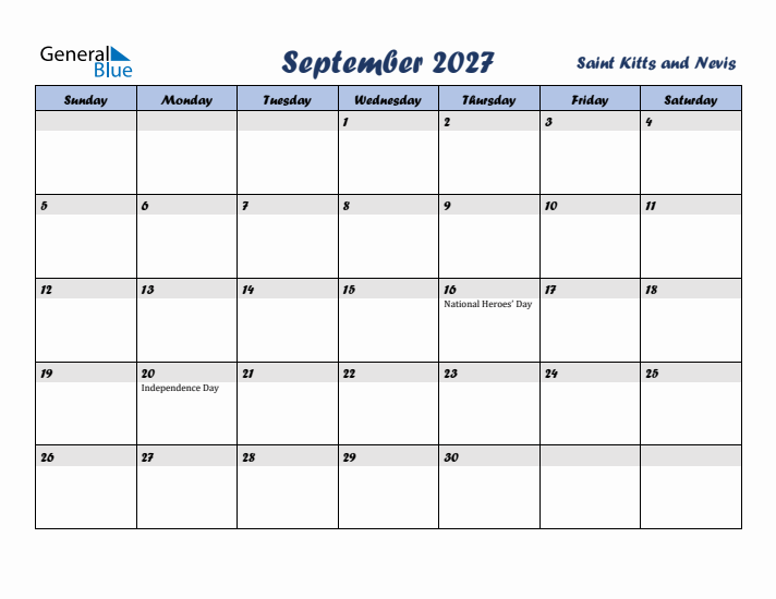 September 2027 Calendar with Holidays in Saint Kitts and Nevis