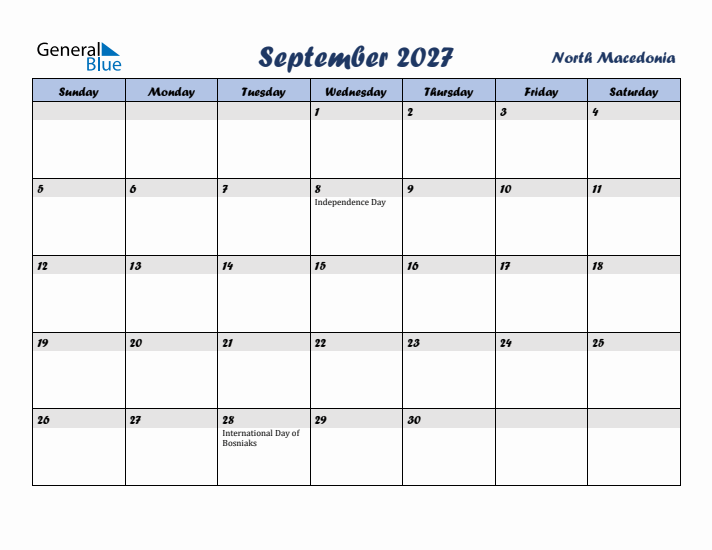 September 2027 Calendar with Holidays in North Macedonia