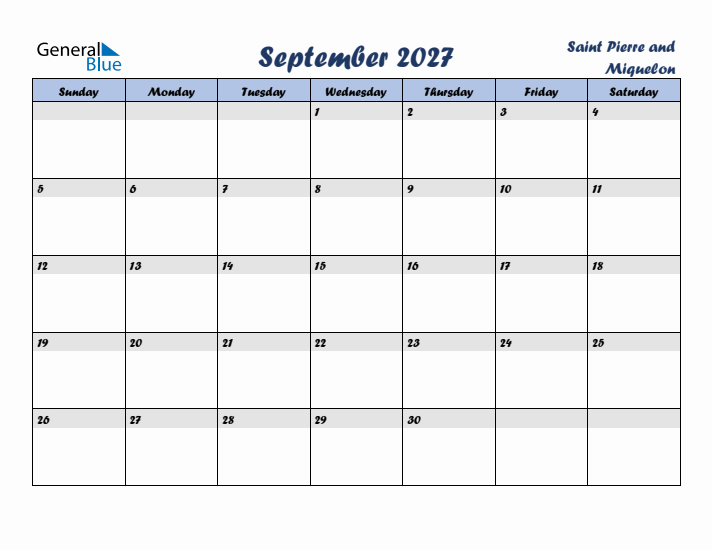 September 2027 Calendar with Holidays in Saint Pierre and Miquelon