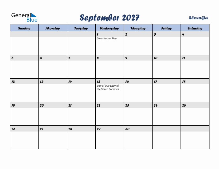 September 2027 Calendar with Holidays in Slovakia