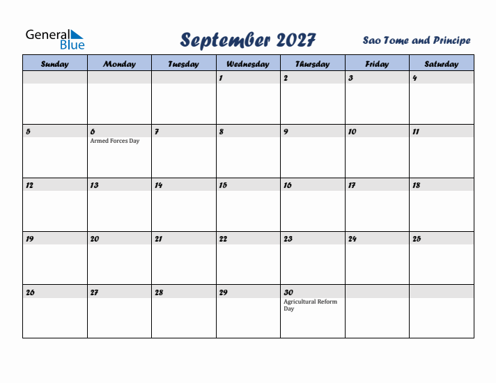 September 2027 Calendar with Holidays in Sao Tome and Principe