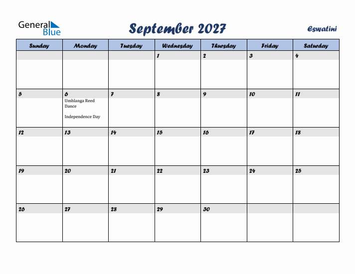 September 2027 Calendar with Holidays in Eswatini