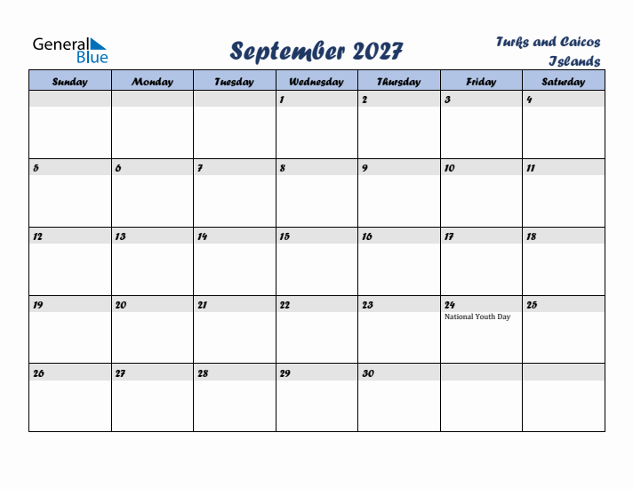 September 2027 Calendar with Holidays in Turks and Caicos Islands