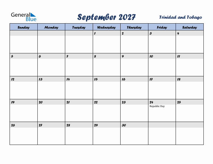 September 2027 Calendar with Holidays in Trinidad and Tobago