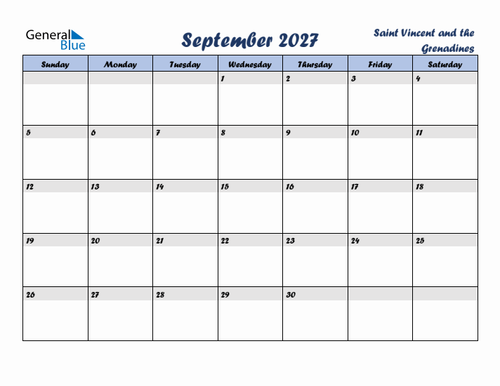 September 2027 Calendar with Holidays in Saint Vincent and the Grenadines