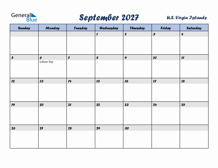 September 2027 Calendar with Holidays in U.S. Virgin Islands