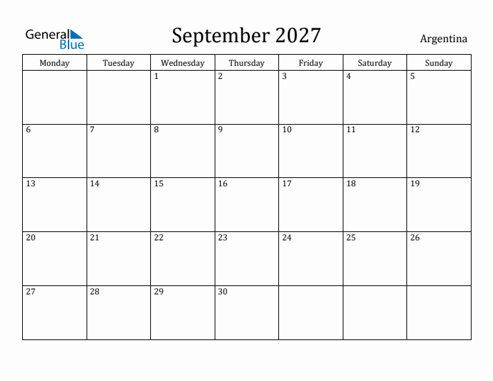 September 2027 Calendar Argentina