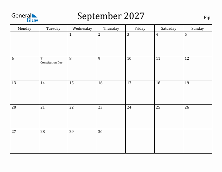 September 2027 Calendar Fiji