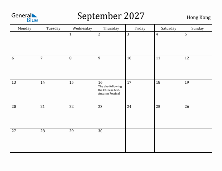 September 2027 Calendar Hong Kong
