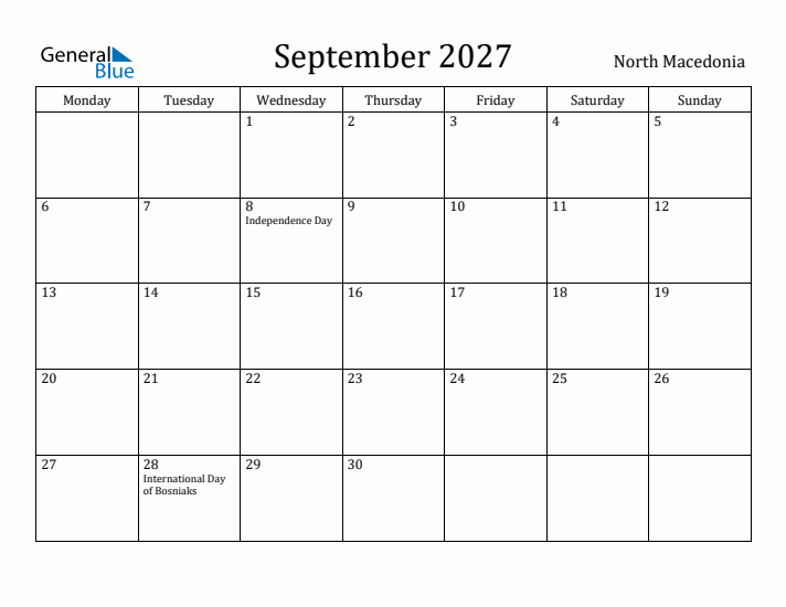 September 2027 Calendar North Macedonia