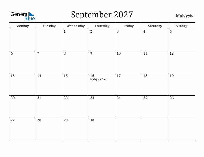 September 2027 Calendar Malaysia