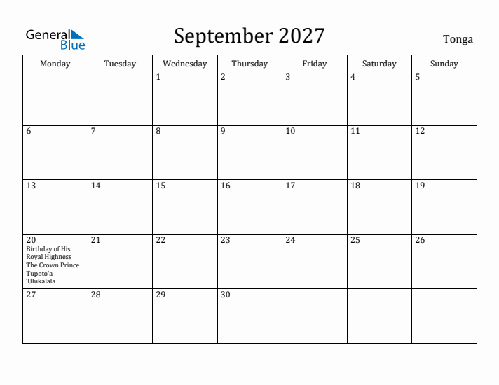 September 2027 Calendar Tonga