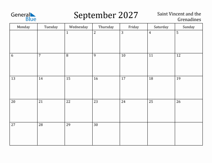 September 2027 Calendar Saint Vincent and the Grenadines