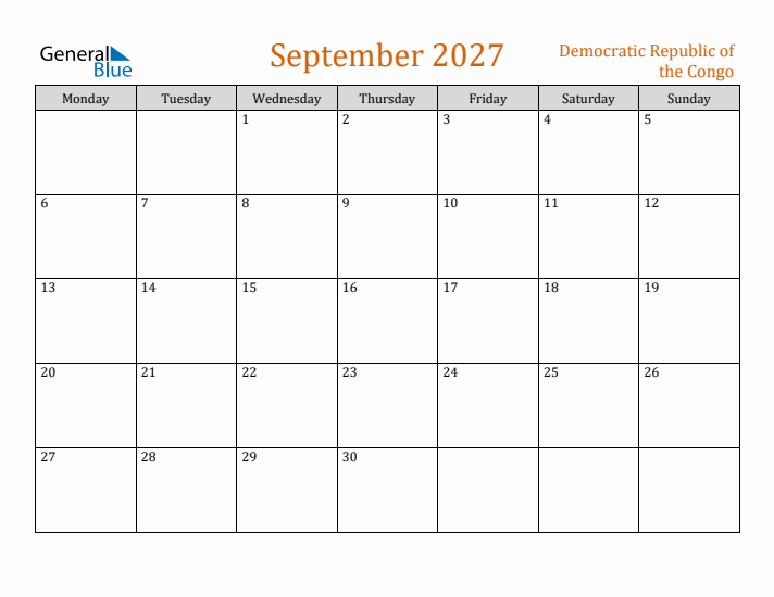 September 2027 Holiday Calendar with Monday Start
